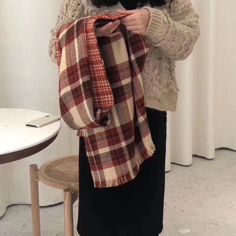 カシミヤスカーフ,女性用チェッカーカシミヤスカーフ,韓国のファッション,赤い千鳥格子,タッセル,レトロスタイル,冬,2021