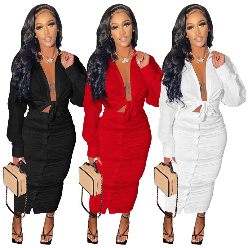 Sexy Dress Set Solid Long Sleeve Lapel Shirt Top and Buttons Skirt Matching Sets Party Club Outfit Women Casual Two Piece Suits