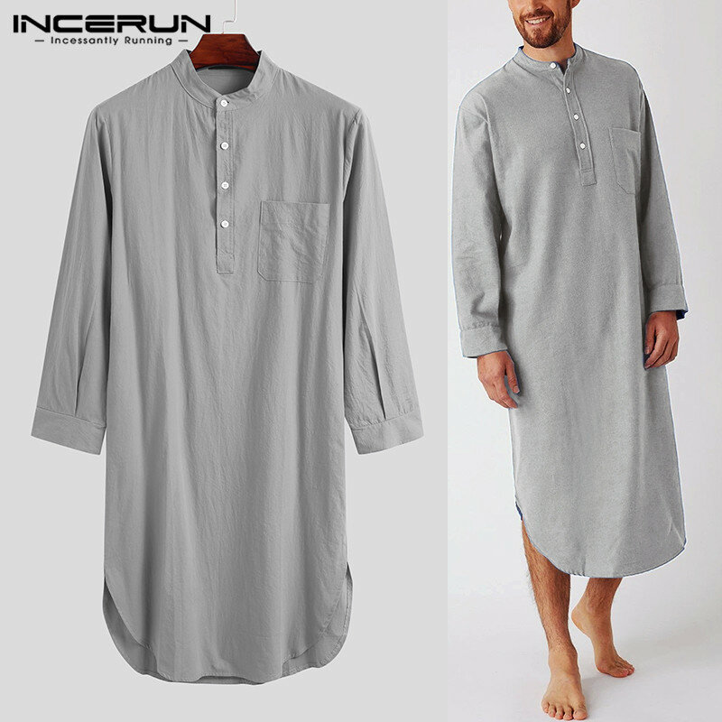 INCERUN Cotton Men's Sleep Robes Solid Color Long Sleeve Nightgown O Neck Leisure Mens Bathrobes Comfort 2022 Homewear Plus Size