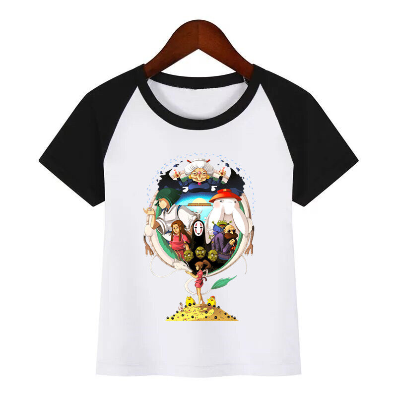 Kids Spirited Away 일본 애니메이션 얼굴이없는 T 셔츠 디자인 여름 탑스 소년 소녀 캐주얼 Streetwear 티셔츠