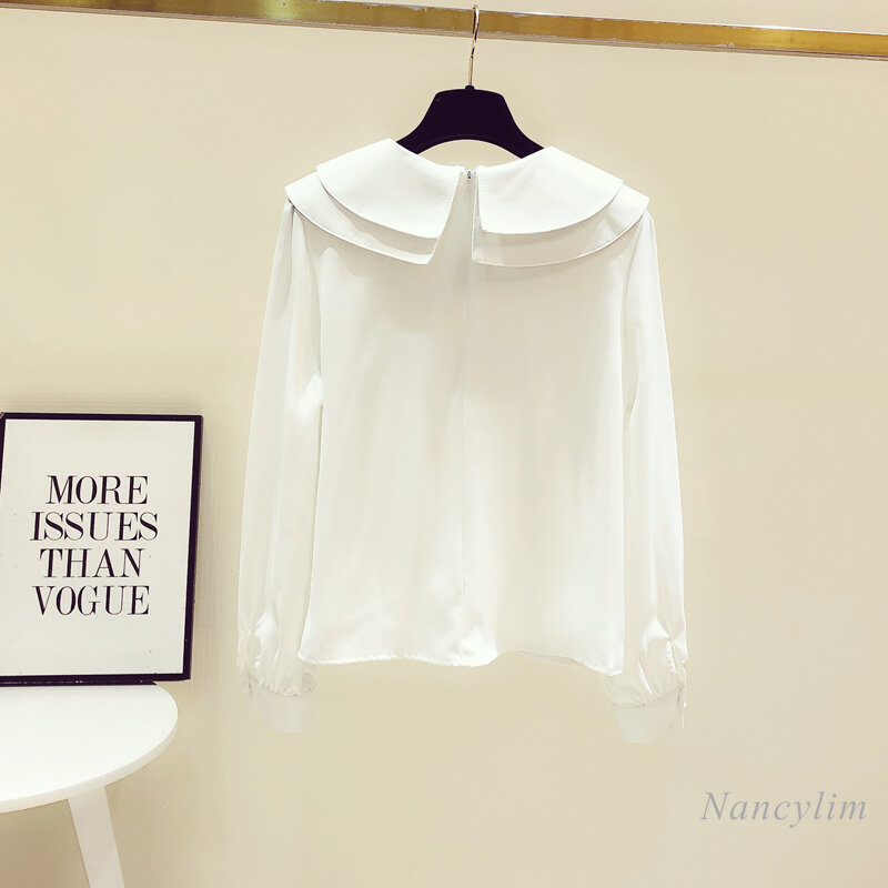 Chemise blanche à col de poupée avec nœud papillon pour femmes, pull à manches longues, nouvelle collection printemps 2021