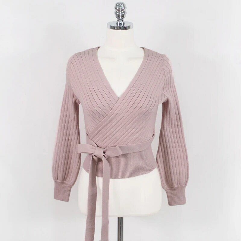 2020 nova gola em v camisola feminina pullovers rosa gravata cinto de malha de fundo curto camisola de manga comprida feminina topos 176h