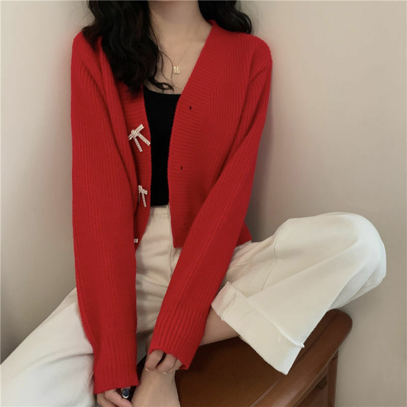 หญิงสีแดงถัก Cardigan หวานโบว์ V คอสีทึบแขนยาวหลวม Tops ขายส่งใหม่ Elegant ผู้หญิงเสื้อผ้า