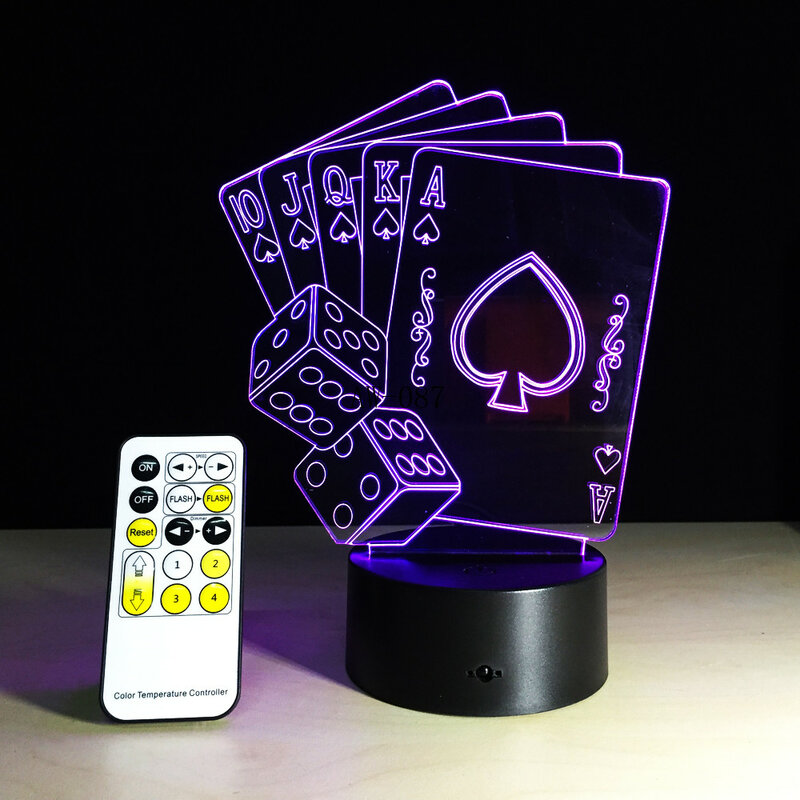 Lâmpada 3d criativa de led para decoração do mágico, texas para segurar em dados, cartas de jogo de pôquer, 7 cores mudança de luz noturna rc natal 87