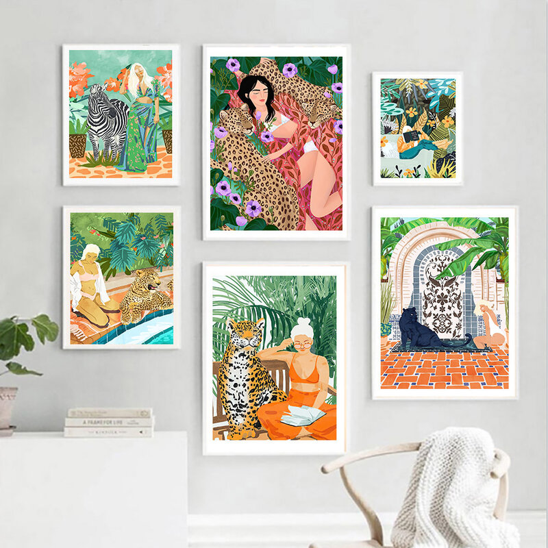 Tropical สีสันสาวเสือดาว Flamingo ดอกไม้ Wall Art ภาพวาดผ้าใบโปสเตอร์และพิมพ์ภาพผนังสำหรับตกแต่งห้องนั่งเ...