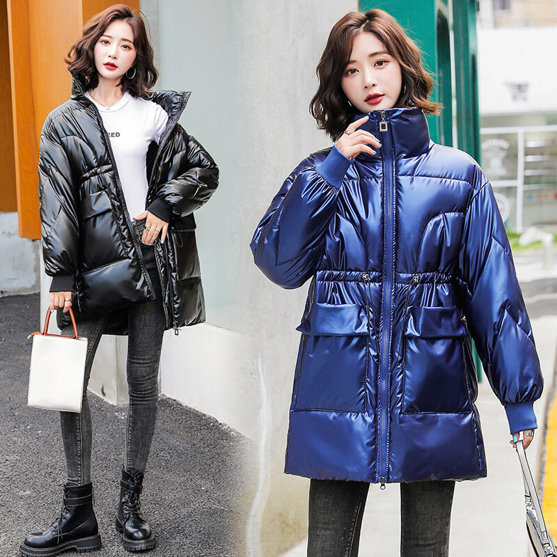 Brilhante para baixo algodão-acolchoado jaqueta para mulher 2021 novas roupas de inverno estilo coreano meados de comprimento algodão-acolchoado casaco moda