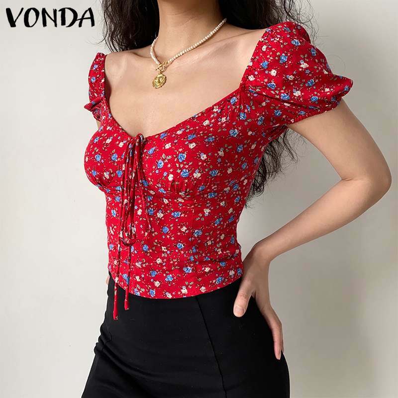 Цветочные Топы 2021 VONDA, женские винтажные блузки с принтом, женские богемные Топы с коротким рукавом, блузы большого размера