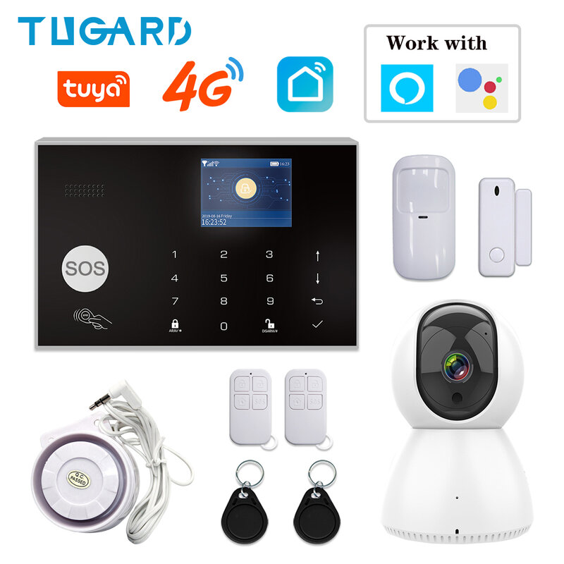 Tugard G34 wifi gsm 3G 4G 警報システムホーム盗難ワイヤレス有線433mhz検出器tftタッチパネル11言語互換alexa