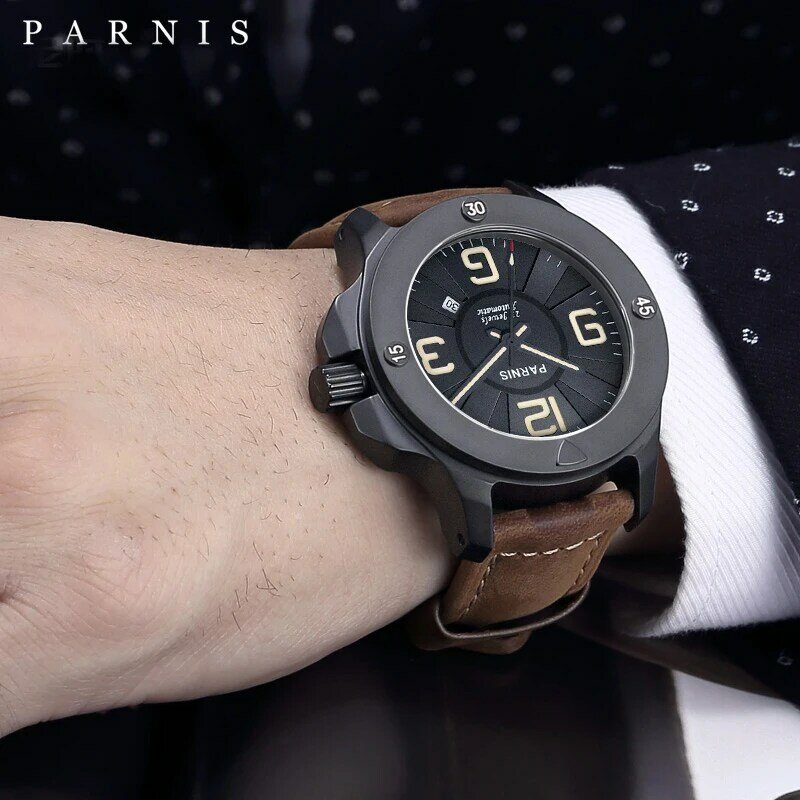แฟชั่น Parnis 47มม.กรอบสีดำนาฬิกาข้อมือสำหรับผู้ชาย Sapphire Glass อัตโนมัติสายนาฬิกาข้อมือหนัง Reloj Hombre 2022ขอ...