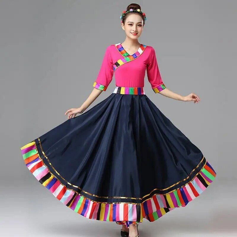 زي صيني تقليدي ، ملابس رقص مسرحية ، أزياء شعبية ، مهرجان أداء ، ملابس تبتية ، تنانير طويلة للنساء