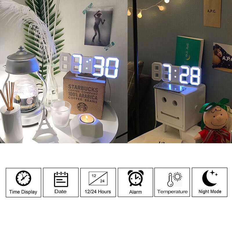 Цифровой будильник в скандинавском стиле, настенные часы, подвесные часы, настольные часы, календарь, термометр, электронные часы, цифровые ...