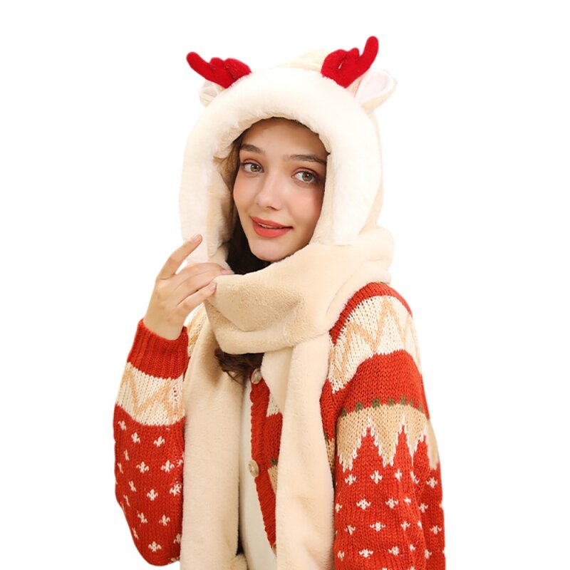 3in1 Topi Tanduk Hangat Musim Dingin Sarung Tangan Syal Lucu Mewah Tahan Angin Cocok untuk Semua Hadiah Natal untuk Anak Perempuan