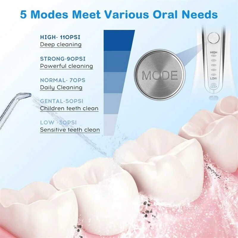 Irrigador Oral recargable por USB, 5 modos, hilo Dental portátil, chorro de agua, 300ml, limpiador Dental + 6 chorros