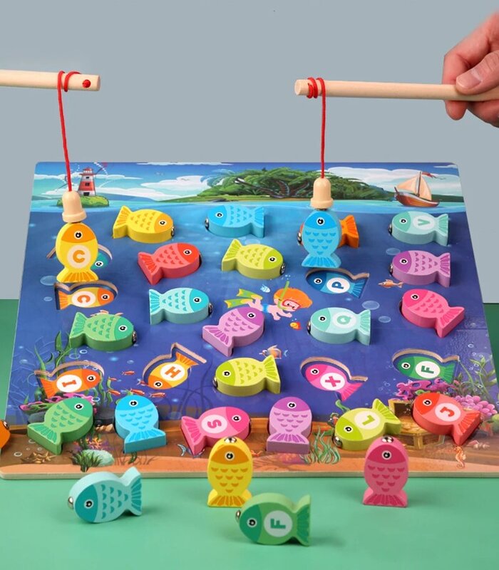 Wooden Magnetic Fshing Game Cartoon Marine Life Cognition Fish Rod Toys for Children Early Educational Parent-child Interactive