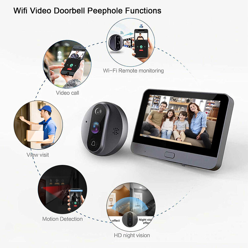 Tuya Smart WiFi Video Wireless Doorbell 720P Camera 4.3 Inch Viewer Home PIR HD Night Vision Motion Sensor Security Protection