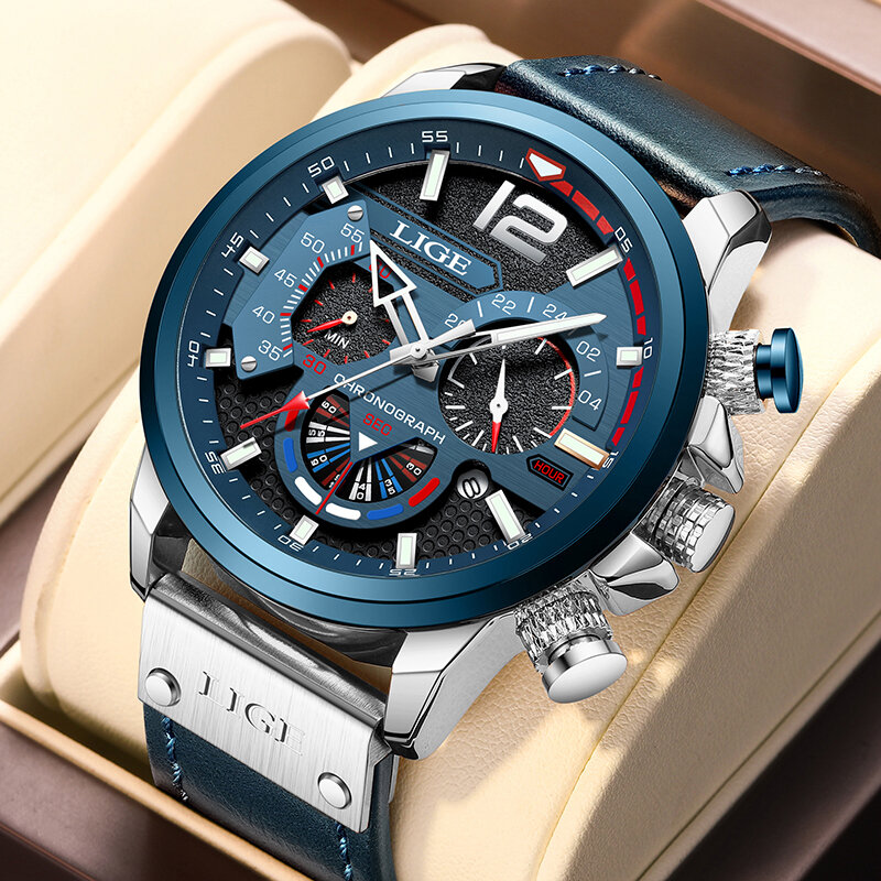 LIGE – montre de Sport en cuir pour hommes, Top bleu, marque de luxe, militaire, étanche, mode chronographe, 2022