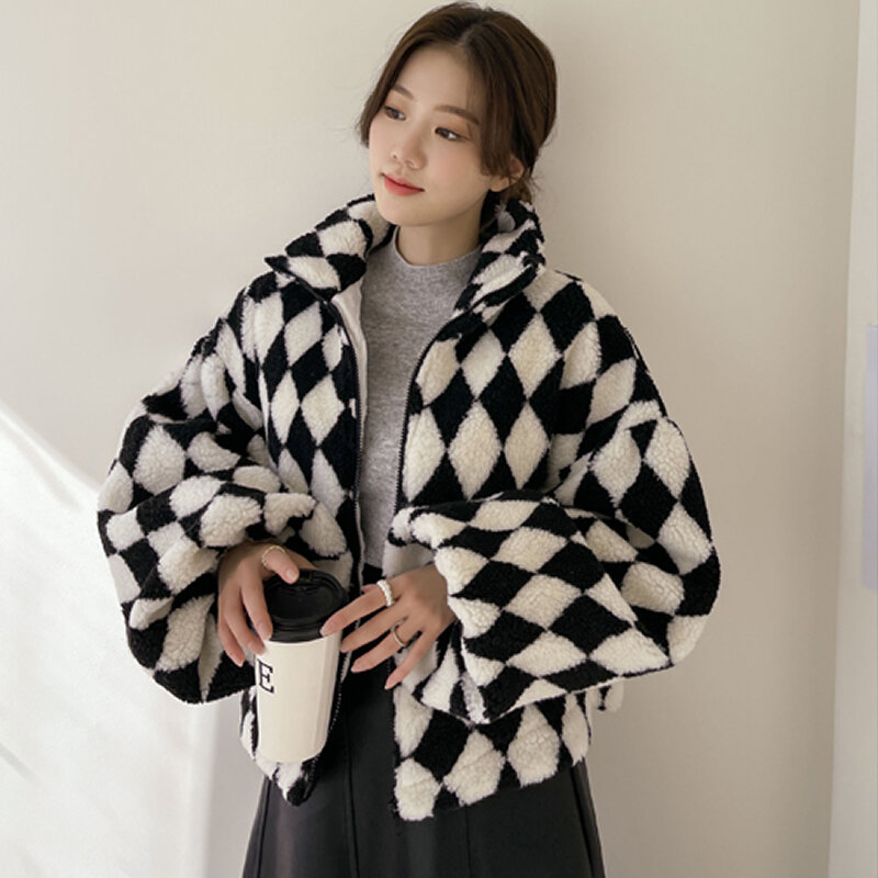 Abrigo acolchado de algodón con cremallera para mujer, chaqueta de manga larga con cuello alto de Cachemira de cordero, Color rómbico, 659F