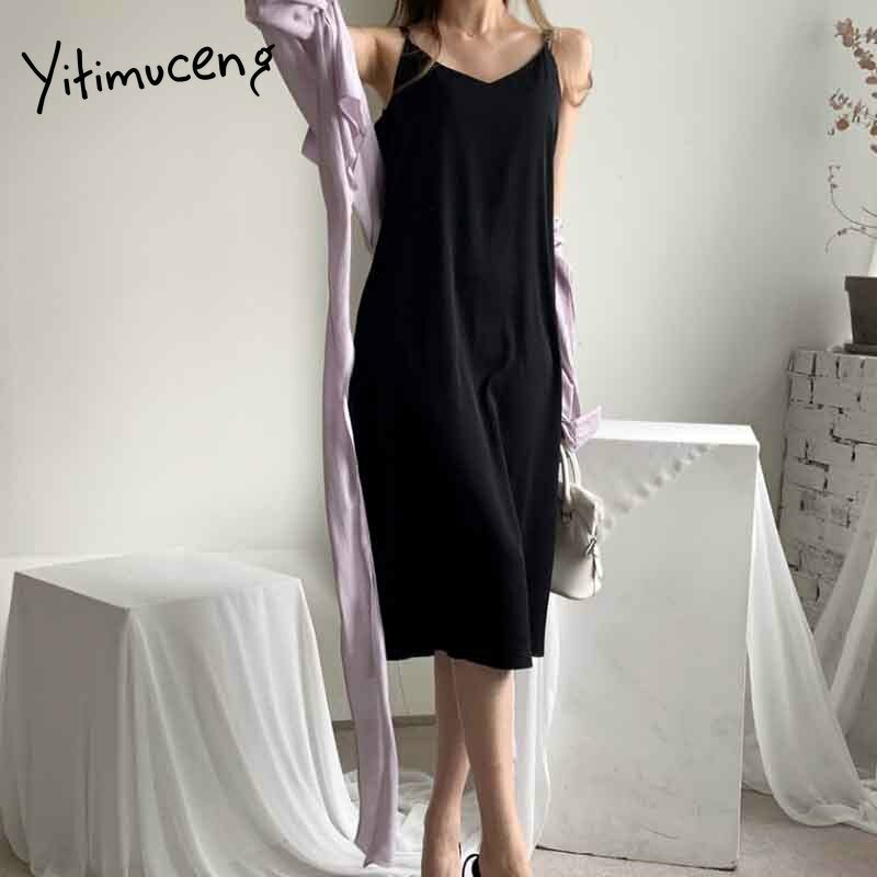 Yitimuceng vestido vintage mulher sem mangas cinta de espaguete noite preto roxo damasco maxi vestidos verão 2021 moda francesa