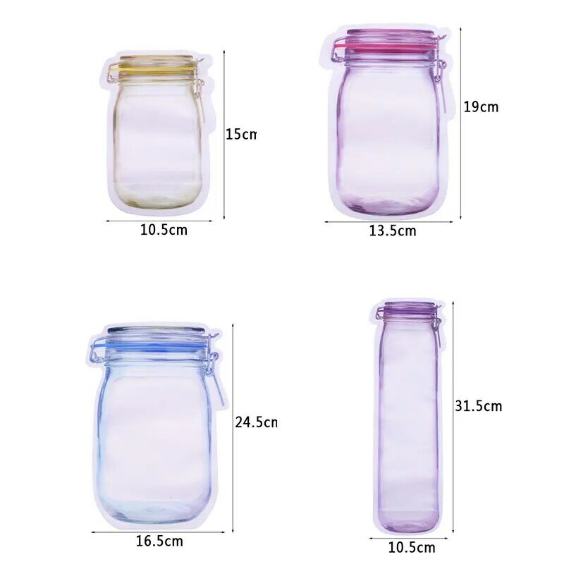 5pcs 지우기 플라스틱 창 가방 재사용 가능한 메이슨 항아리 병 가방 휴대용 지퍼 가방 인감 신선한 음식 저장 가방 곡물 주최자