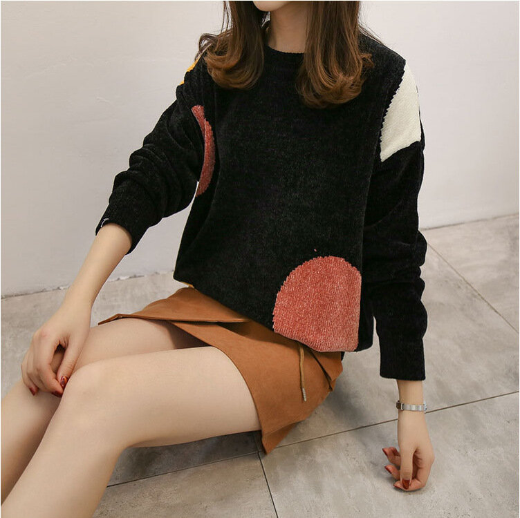 New Korean Style Chenille Velvet Sweater, Round Neck, Long-sleeved Stitching, Women's Fashion Winter Top, Ladies Knitted