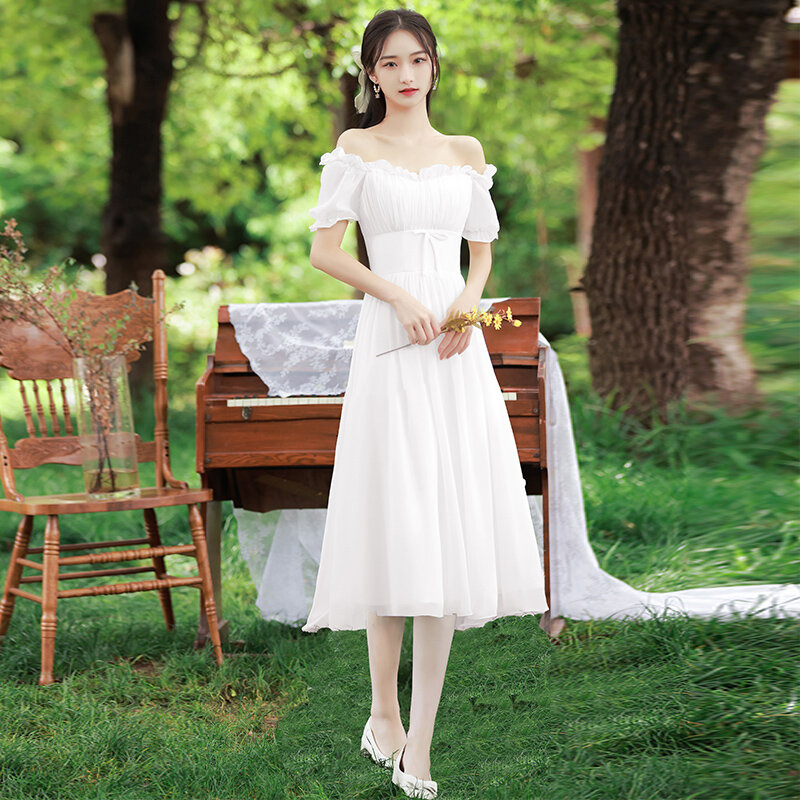 Gaun Bergaya Seksi-leher-Prancis-Gaun Putih untuk Pernikahan dan Pesta Di Musim Panas