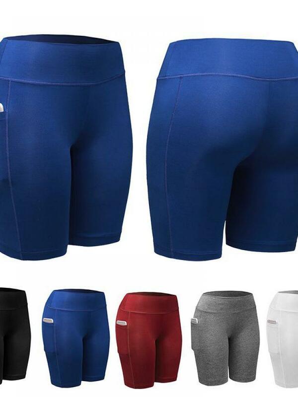 Pantalones cortos de Yoga para hombre y mujer, de cintura alta, con bolsillos diagonales, para correr, entrenamiento, de secado rápido, elásticos y ajustados