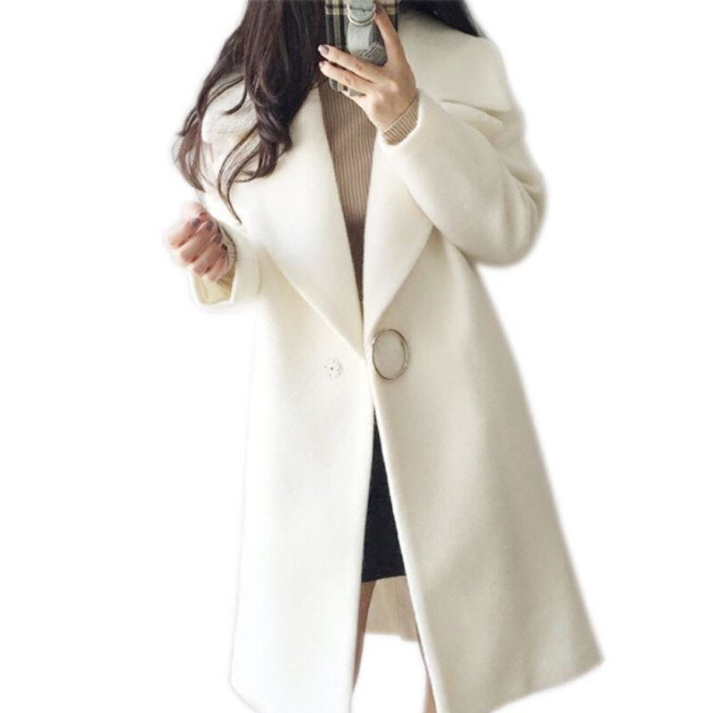 Abrigo de mezcla de lana blanca para mujer, abrigo de moda de manga larga para invierno, delicado, 2019, FZ796