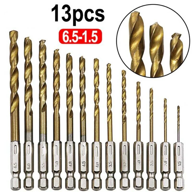 13pcs HSS Titanium Coated Twist Drills Bit Set 1/4Hex Shank Quick Change Regular Drilling Tools 1.5-6.5mm