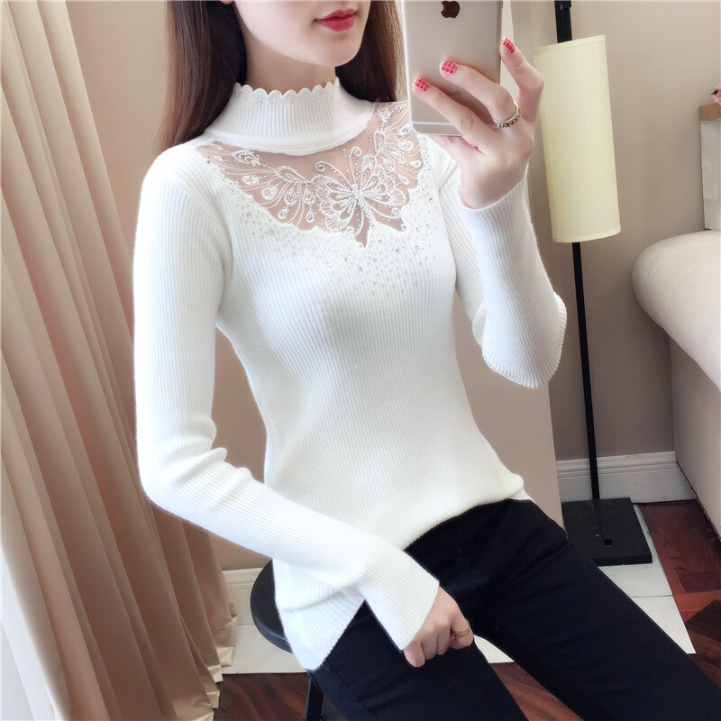 2020 Lace Winter Wave Turtleneck pullovers Sexy butterfly Hollow out Autumn Red sweaters Lady Diamond Full Sleeve stretch Jumper