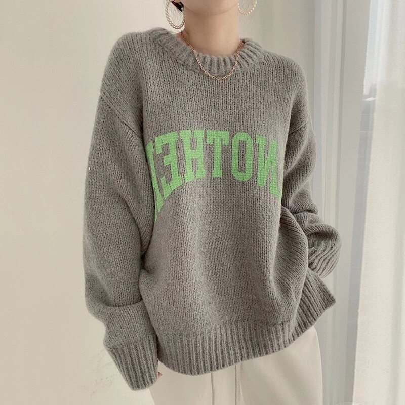 아가일 스웨터 한국어 세련된 서양 캔디 컬러 O 넥 편지 인쇄 풀오버 루즈-긴팔 두꺼운 니트 여성