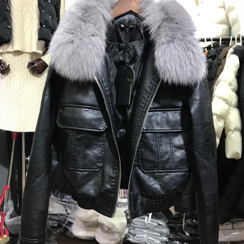 Женская куртка из искусственной кожи, теплая мотоциклетная куртка из искусственной кожи с воротником из натурального Лисьего меха, новинка зимы 2023