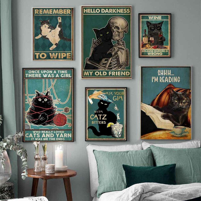 Toile de peinture d'animal d'art rétro, affiche de chat noir drôle d'art mural de bureau, décoration murale de maison de couloir de salon