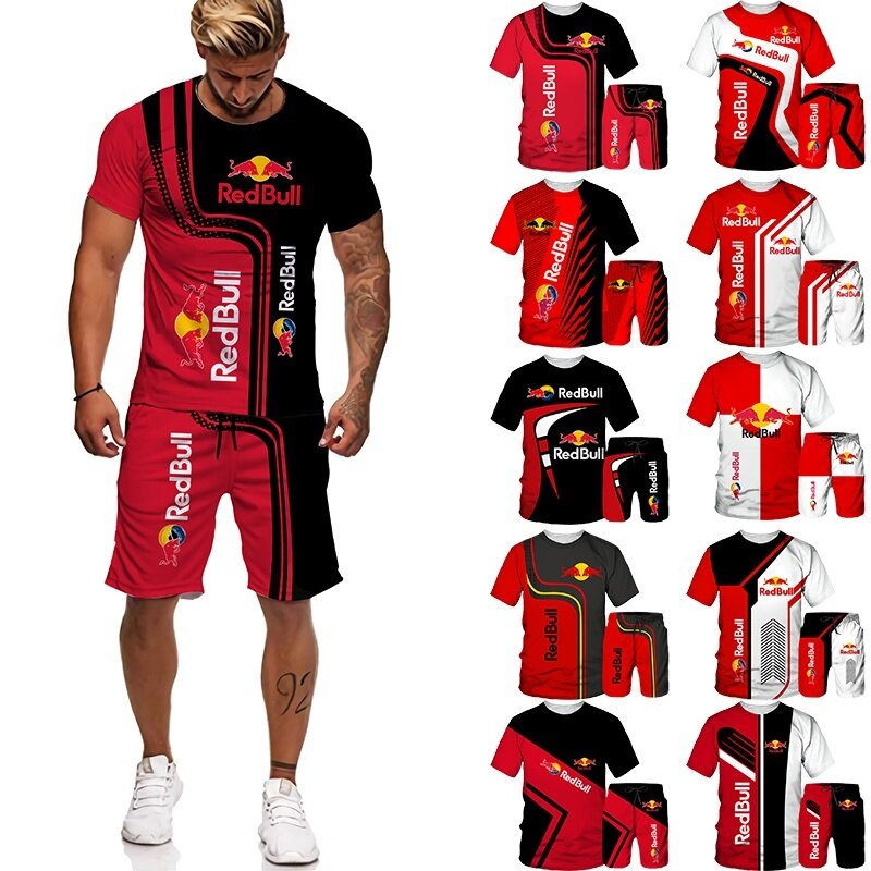 Conjunto de ropa deportiva para hombre, camiseta y pantalones cortos con estampado 3D, chándal con cuello en V, traje de manga corta, verano, 2021