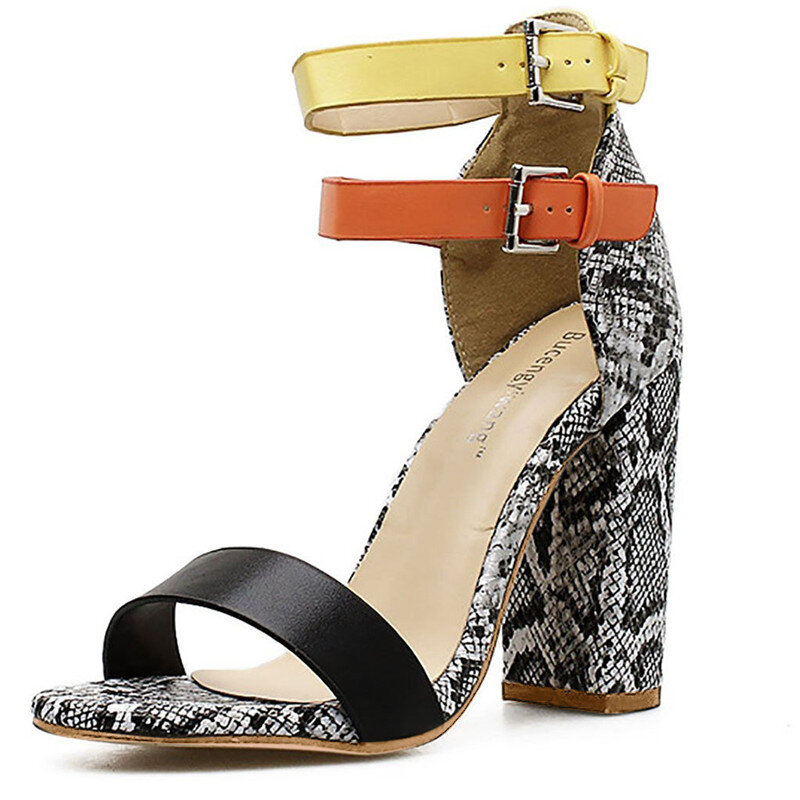Sandalias de talla grande 35-43 para Mujer, zapatos informales de tacón alto de serpiente de colores mezclados, a la moda, con hebilla, 2020