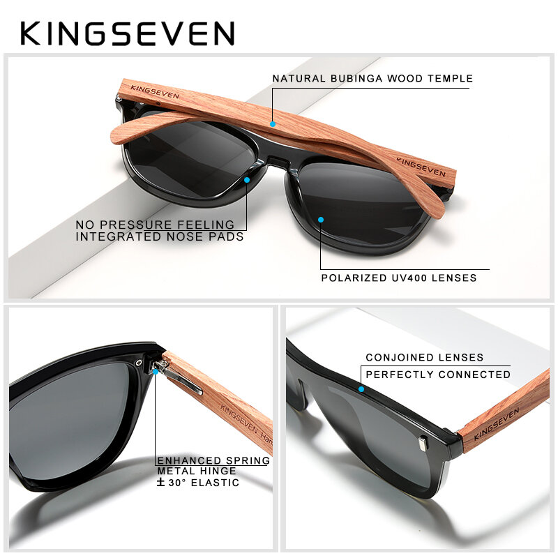 Kingseven 특허 디자인 bubinga 나무 선글라스 빈티지 통합 편광 된 남자의 자연 나무 안경 액세서리 n5510