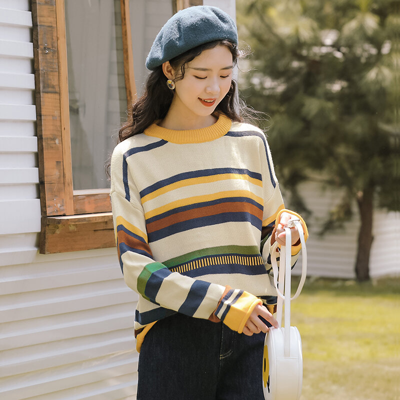 Suéter holgado de manga larga para mujer, Jersey elegante de Color caqui a juego con rayas para estudiantes, otoño e invierno, novedad de 2020