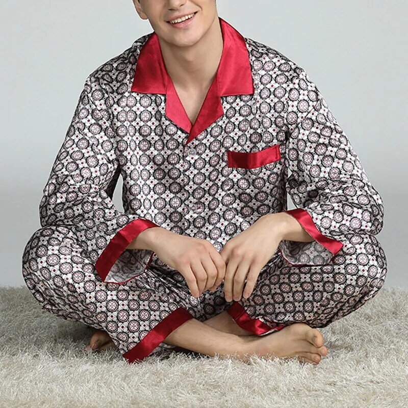 Mens Fleck Seide Pyjama Sets Pyjamas Männer Nachtwäsche Moderne Stil Seide Nachthemd Hause Männlichen Satin Weiche Gemütliche