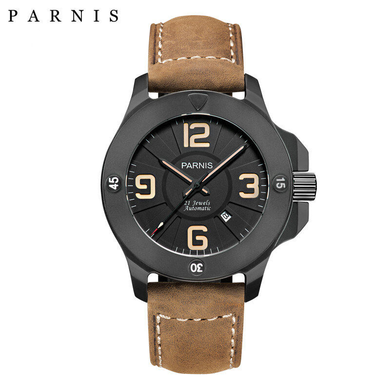 Parnis-reloj de pulsera automático para hombre, cronógrafo mecánico con caja negra de 47mm, cristal de zafiro, correa de cuero, regalo, 2022
