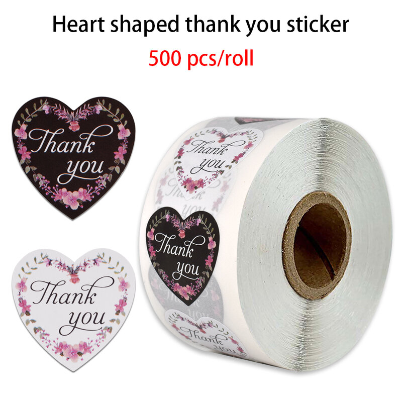 500 pces/rolo obrigado você adesivos coração forma selo etiquetas etiquetas 2 cores feito à mão scrapbooking envelope papelaria adesivo