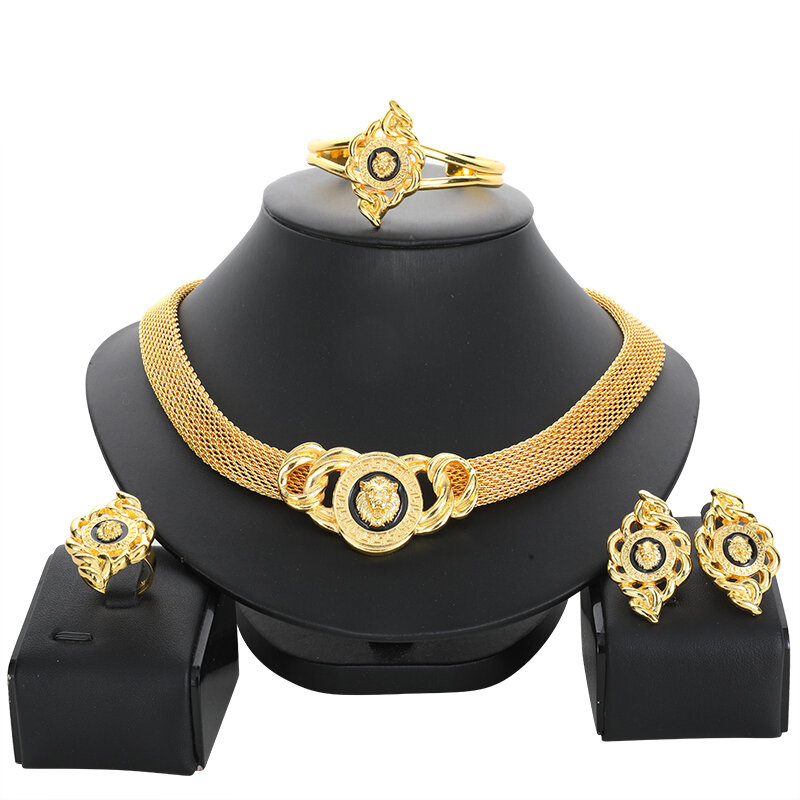 24K Dubai Gold Jewelry Set African Bride Wedding Gift Saudi Arabia Necklace Bracelet Earring Ring Set Collar Jewelry