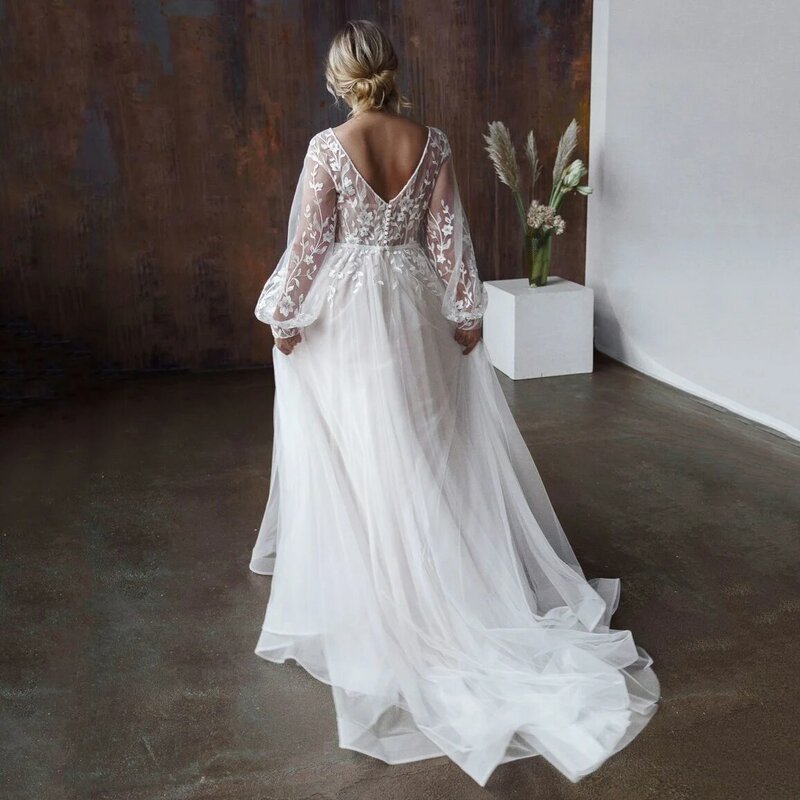 Boho Wedding Dresses V Neck Long Puff Sleeve A Line Bride Dress Applique Tulle Lace Modest Vestidos De Novia