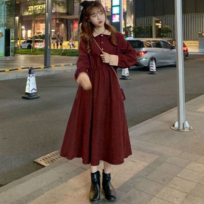Весеннее милое темпераментное приталенное платье в стиле ретро с бантом женское студенческое корейское платье с длинным рукавом Длинная трапециевидная одежда в стиле преппи