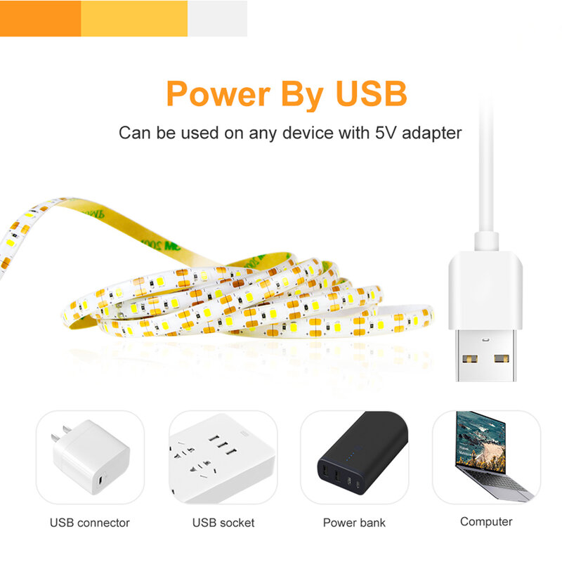 Bande lumineuse LED Flexible USB 5V 2835 avec capteur de balayage manuel, bande lumineuse à intensité variable, blanc chaud, Festival, Fita, chambre à coucher