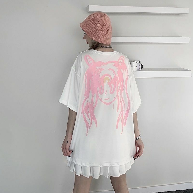Camisa feminina estampada manga curta, nova blusa feminina folgada com estampa de desenho animado e manga curta, verão 2021