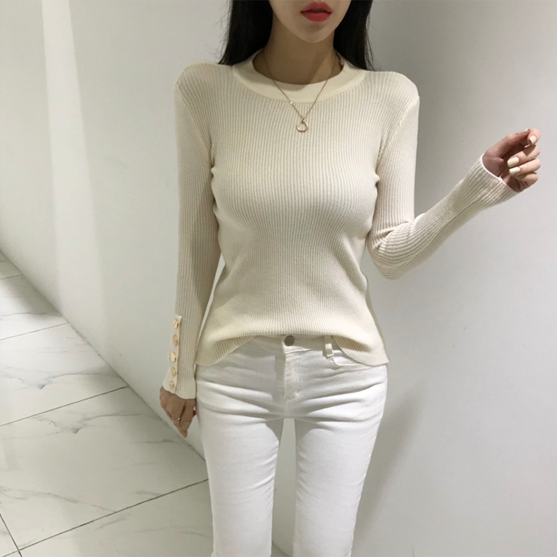 Moda coreana branco base de malha topos feminino outono inverno 2021 o pescoço único breasted fino elegante pulôver camisola para mulher