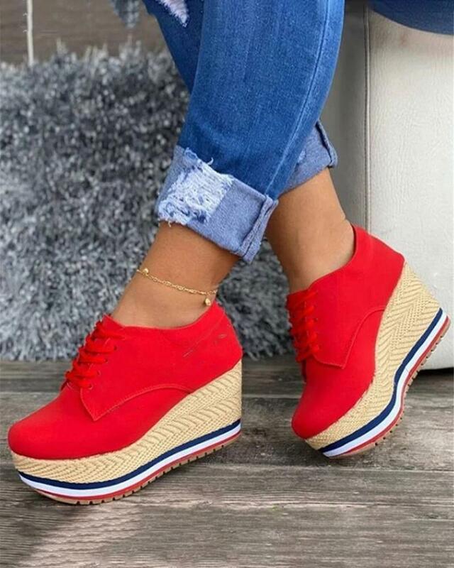 Zapatos Casuales de Plataforma para Mujer, Calzado con Cordones, de Cuña, Punta Redonda, Color Liso, Cómodas y a la Moda, 2021