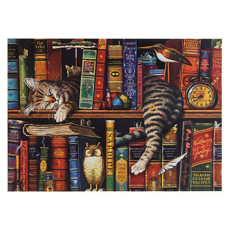 게으른 고양이 동물 퍼즐 1000 조각 퍼즐 퍼즐 책장 고양이 풍경 성인을위한 DIY 조립 완구 어린이 홈 게임 선물