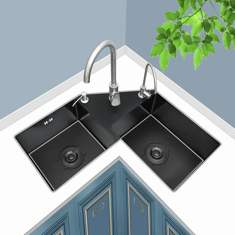 304 Edelstahl speziell geformte Spüle verdickt schwarz Nano Ecke Doppel wanne Küche