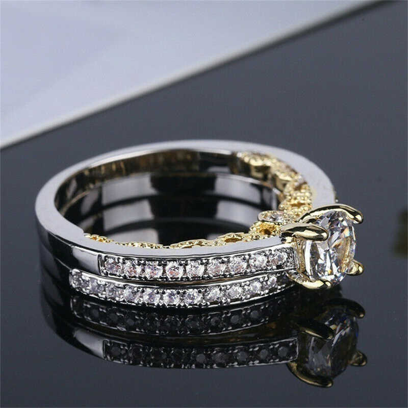 Moda feminina cor de ouro incrustada cor prata tijolo fino duas peças conjunto anel jóias de casamento tamanho 6-10