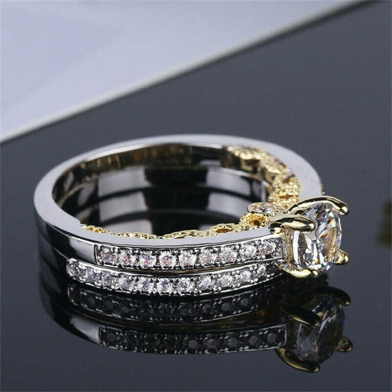 Mode frauen Gold Farbe intarsien silber farbe feine ziegel zwei stück set ring hochzeit schmuck größe 6-10